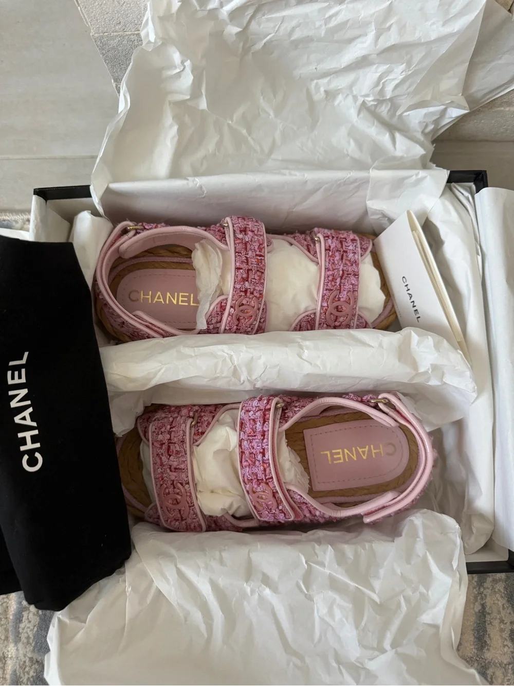 Chanel Pink and Red Tweed Dad Sandals Braided Raffia Sole Pink CC Logos 22P